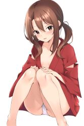 Rule 34 | 1girl, alternate hairstyle, breasts, brown eyes, brown hair, commentary request, feet out of frame, highres, japanese clothes, kantai collection, kimono, long hair, low twintails, open clothes, open kimono, panties, red kimono, simple background, small breasts, solo, twintails, underwear, white background, white panties, zarashi, zuihou (kancolle)