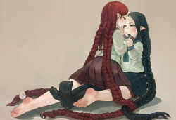 Rule 34 | 2girls, absurdly long hair, barefoot, black hair, blush, braid, brown background, dirty, dirty feet, ebimomo, feet, freckles, frown, green eyes, horns, long braid, long hair, monster girl, multiple girls, oni, original, pantyhose, pointy ears, pout, red eyes, red hair, school uniform, simple background, sitting, skirt, soles, toes, twin braids, very long hair