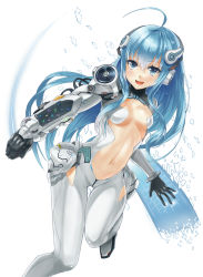 Rule 34 | 1girl, :d, ahoge, bad id, bad pixiv id, blue eyes, blue hair, bodysuit, breasts, center opening, cleavage cutout, clothing cutout, headphones, heirou, highres, keypad, mechanical arms, open mouth, original, single mechanical arm, smile