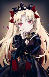 Rule 34 | 1girl, black cape, black dress, black nails, blonde hair, bow, cape, dress, earrings, ereshkigal (fate), ereshkigal (third ascension) (fate), fate/grand order, fate (series), gold trim, gradient background, highres, hoop earrings, ieiieiiei, infinity symbol, jewelry, long hair, long sleeves, looking at viewer, nail polish, parted bangs, parted lips, red bow, red cape, red eyes, skull, solo, standing, tiara, two-sided cape, two-sided fabric, two side up, upper body, very long hair