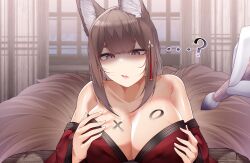 Rule 34 | 1girl, 1other, ?, absurdres, amagi (azur lane), animal ears, azur lane, blush, body writing, breasts, brown hair, cleavage, confused, eyeshadow, facing viewer, fox ears, fox girl, fox tail, gloves, hair between eyes, hair ornament, hairpin, hands on own chest, hands up, highres, indoors, japanese clothes, kimono, kimono pull, kitsune, large breasts, long hair, looking down, makeup, multiple tails, off shoulder, open mouth, purple eyes, red eyeshadow, red kimono, samip, slit pupils, solo focus, surprised, tail, upper body, very long hair, white gloves, xo