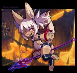 Rule 34 | 1other, absurdres, animal ears, ass, black thighhighs, brown fur, bune poster, cosplay, demon wings, disgaea, earrings, elder spear, electricity, etna (disgaea), etna (disgaea) (cosplay), furry, furry other, happy halloween, highres, holding, holding polearm, holding weapon, jewelry, lava, made in abyss, makai senki disgaea, mini wings, nanachi (made in abyss), polearm, red eyes, red wings, revealing clothes, skull earrings, solo, thighhighs, twintails, weapon, white hair, wings