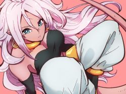 Rule 34 | 1girl, android 21, blue eyes, breasts, choker, cleavage, colored skin, dragon ball, dragon ball fighterz, earrings, hair between eyes, hoop earrings, jewelry, kemachiku, long hair, looking at viewer, majin android 21, medium breasts, pink background, pink skin, simple background, solo, tail, white hair, yellow choker