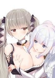 Rule 34 | + +, 2girls, :o, azur lane, bare shoulders, blue eyes, blunt bangs, blush, breasts, bright pupils, choker, cleavage, collarbone, commentary request, cross, cross earrings, crossed arms, earrings, formidable (azur lane), frown, grey hair, groping, hair bun, hand on another&#039;s chest, highres, jewelry, jitome, large breasts, le malin (azur lane), long sleeves, looking at another, multiple girls, narrowed eyes, open mouth, red eyes, schreibe shura, sidelocks, simple background, single hair bun, symbol-shaped pupils, twintails, white background, white pupils
