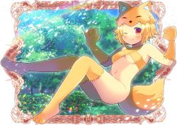 Rule 34 | 1girl, animal feet, animal hands, blonde hair, blush, bottomless, breasts, bush, closed mouth, commentary request, commission, flower, fox girl, fox hat, fox tail, full body, highres, kou hiyoyo, looking at viewer, moonlight flower, one eye closed, ragnarok online, red eyes, red flower, second-party source, short hair, skeb commission, small breasts, smile, solo, sparkle, tail, tree, yellow flower