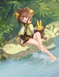 Rule 34 | 1girl, barefoot, boots, unworn boots, brown eyes, brown hair, crossed legs, feet, genshin impact, hand on own cheek, hand on own face, highres, light blush, long hair, looking at viewer, open mouth, river, shoes, unworn shoes, single shoe, soles, toes, yaoyao (genshin impact)