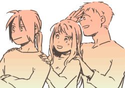 Rule 34 | 1girl, 2boys, :d, alphonse elric, close-up, crossed arms, edward elric, fingernails, food, fruit, fullmetal alchemist, hand to forehead, hands on another&#039;s shoulders, happy, head tilt, height difference, igi (tarqu0ise), long sleeves, looking away, monochrome, multiple boys, open mouth, orange (fruit), pink theme, profile, simple background, smile, standing, upper body, white background, winry rockbell