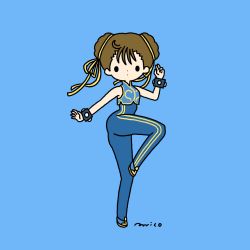 Rule 34 | 1girl, blue background, brown hair, capcom, chun-li, full body, hair ribbon, hand up, highres, looking at viewer, parirobo, ribbon, signature, simple background, sleeveless, solo, standing, street fighter, studded bracelet, yellow ribbon