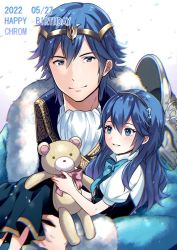 Rule 34 | 1boy, ameno (a meno0), blue hair, bow, carrying, chrom (fire emblem), dress, father and daughter, fire emblem, fire emblem awakening, happy birthday, long hair, looking at viewer, lucina (fire emblem), nintendo, short hair, short sleeves, smile, stuffed animal, stuffed toy, symbol-shaped pupils, teddy bear