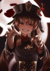 Rule 34 | 1girl, absurdres, bead bracelet, beads, black legwear, bracelet, brown hair, chernyyvo, closed eyes, fang, genshin impact, ghost, hat, highres, hu tao (genshin impact), jewelry, long sleeves, looking at viewer, nail polish, open mouth, red eyes, ring, smile, solo, symbol-shaped pupils, teeth, twintails