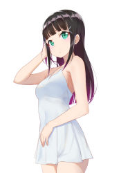 Rule 34 | 1girl, bare shoulders, black hair, blush, breasts, cleavage, closed mouth, dress, green eyes, hair ornament, kurosawa dia, long hair, looking at viewer, love live!, love live! school idol festival, love live! sunshine!!, marshall (wahooo), medium breasts, mole, mole under mouth, solo, standing, white dress, x hair ornament