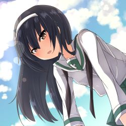 Rule 34 | 10s, 1girl, black hair, black neckerchief, blouse, blue sky, blush, brown eyes, chawan (yultutari), cloud, cloudy sky, commentary, day, from below, girls und panzer, green skirt, hairband, highres, leaning forward, lens flare, light smile, long hair, long sleeves, looking at viewer, neckerchief, ooarai school uniform, open mouth, pleated skirt, reizei mako, school uniform, serafuku, shirt, skirt, sky, solo, standing, white hairband, white shirt