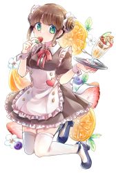 Rule 34 | 1girl, black footwear, blueberry, breasts, brown hair, double bun, dress, eating, flower, food, frilled dress, frills, fruit, green eyes, hair bun, heart, high heels, highres, holding, holding tray, looking at viewer, orange (fruit), orange slice, original, parfait, puffy short sleeves, puffy sleeves, pumps, saeki (pixiv 70169809), short hair, short sleeves, sidelocks, small breasts, spoon, strawberry, thighhighs, tray, waitress, white background, white thighhighs
