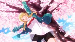 Rule 34 | 1girl, \o/, ^ ^, ahoge, aqua shirt, arms up, bike shorts, blonde hair, bloom, blue sky, breasts, cherry blossoms, closed eyes, cloud, cowboy shot, day, dutch angle, flower, from below, game cg, gluteal fold, hachimiya meguru, hair flaps, hair ornament, hairclip, idolmaster, idolmaster shiny colors, large breasts, long hair, long sleeves, low twintails, official art, open clothes, open mouth, open shirt, outdoors, outstretched arms, petals, pink flower, plaid, plaid shirt, shirt, sidelocks, sky, smile, solo, standing, tree, twintails, under tree, white shirt