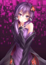 Rule 34 | 1girl, ahoge, bare shoulders, black background, blush, detached sleeves, finger to mouth, hood, hoodie, long sleeves, looking at viewer, nicoby, off shoulder, open clothes, open hoodie, parted lips, purple background, purple eyes, purple hair, purple shirt, shirt, solo, vocaloid, voiceroid, yuzuki yukari