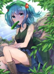 Rule 34 | 1girl, aqua eyes, black shirt, black tank top, blue eyes, blue hair, blue skirt, blush, boots, commentary, cross-laced footwear, cucumber, dappled sunlight, day, food in mouth, green hat, hair bobbles, hair ornament, hat, highres, karasusou nano, kawashiro nitori, lace-up boots, looking at viewer, medium hair, outdoors, plant, river, rock, shirt, short twintails, skirt, sleeveless, solo, sunlight, tank top, thighs, touhou, tree shade, twintails, two side up