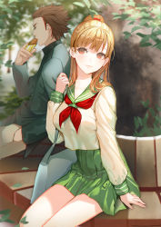 Rule 34 | 1boy, 1girl, bag, blonde hair, blurry, blurry background, breasts, brown eyes, brown hair, brown pants, copyright request, depth of field, eating, food, green jacket, green sailor collar, green skirt, hand in pocket, high ponytail, holding, holding food, jacket, lloule, long hair, long sleeves, medium breasts, neckerchief, pants, pleated skirt, ponytail, profile, red neckerchief, sailor collar, school uniform, serafuku, shirt, sidelocks, sitting, skirt, solo focus, tree, white shirt