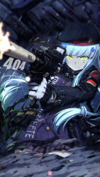 Rule 34 | 1girl, absurdres, action, ammunition pouch, artist name, assault rifle, beret, black thighhighs, blunt bangs, breasts, clenched teeth, closed mouth, clothes writing, facial mark, firing, german flag, girls&#039; frontline, gloves, green eyes, gun, h&amp;k hk416, hair ornament, hat, heckler &amp; koch, highres, hk416 (girls&#039; frontline), holding, holding gun, holding weapon, jacket, light, long hair, looking at viewer, magazine (weapon), mahousho, medium breasts, muzzle flash, plaid, plaid skirt, pouch, rain, rifle, shell casing, silver hair, skirt, solo, teardrop, teeth, thighhighs, very long hair, weapon