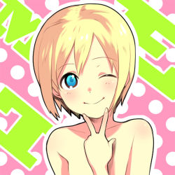 Rule 34 | 1girl, bad id, bad pixiv id, blonde hair, blue eyes, erica hartmann, flat chest, kaida bola, looking at viewer, nude, one eye closed, pink background, polka dot, polka dot background, short hair, smile, solo, strike witches, upper body, v, wink, world witches series