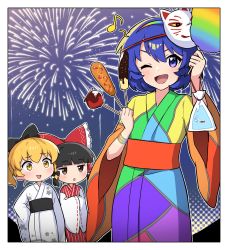 Rule 34 | 3girls, adapted costume, alternate hairstyle, balloon, belt, between fingers, black belt, black bow, blonde hair, blue dress, blue hairband, blue kimono, blue sky, blush, border, bow, bracelet, brown eyes, candy apple, chocolate, crossed arms, detached sleeves, dress, fireworks, fish, food, gradient sky, green dress, green hairband, green kimono, grey hair, hair between eyes, hair bow, hair ornament, hair tubes, hairband, hakurei reimu, hand on own hip, hands up, highres, holding, japanese clothes, jewelry, kimono, kirisame marisa, long sleeves, looking at another, looking at viewer, mask, miz (mizillustration), multicolored clothes, multicolored dress, multicolored hairband, multicolored kimono, multiple girls, musical note, night, night sky, one eye closed, open mouth, orange belt, orange dress, orange hairband, orange kimono, package, pink dress, pink kimono, ponytail, purple dress, purple eyes, purple hair, purple hairband, purple kimono, purple sky, rainbow gradient, rainbow order, red bow, red dress, red hairband, red kimono, sky, smile, star (sky), star (symbol), star print, starry sky, striped clothes, striped dress, striped kimono, sweets, tenkyuu chimata, tongue, touhou, water, white border, white kimono, wide sleeves, yellow dress, yellow eyes, yellow hairband, yellow kimono
