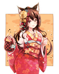 Rule 34 | 1girl, absurdres, ahri (league of legends), animal ears, blush, facial mark, floral print, flower, fox ears, hair flower, hair ornament, highres, japanese clothes, kimono, league of legends, long hair, long sleeves, looking at viewer, obi, open mouth, sash, slit pupils, smile, solo, symbol-shaped pupils, whisker markings, wide sleeves, yukata
