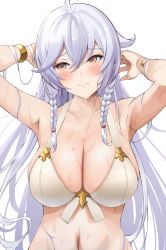 Rule 34 | ahoge, armpits, arms behind head, bikini, bikini top only, blush, braid, breasts, cleavage, collarbone, draph, granblue fantasy, haido (ryuuno kanzume), highres, large breasts, long hair, looking to the side, silva (granblue fantasy), silver hair, simple background, solo, swimsuit, twin braids, upper body, very long hair, white background, yellow eyes