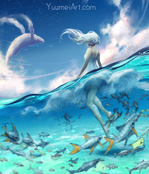 Rule 34 | 1girl, blue sky, cloud, day, fish, from behind, highres, long hair, motion blur, one-piece swimsuit, original, partially submerged, partially underwater shot, sky, solo, star (sky), starry sky, swimsuit, water, watermark, web address, whale, white hair, wind, yuumei