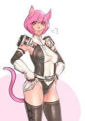 Rule 34 | 00s, 1girl, animal ears, armor, black thighhighs, boots, breasts, cat ears, cat girl, cat tail, cowboy shot, elbow gloves, faulds, final fantasy, final fantasy xi, gloves, hands on own hips, highres, john doe, leotard, lips, md5 mismatch, mithra (ff11), nose, pauldrons, pink eyes, pink hair, resized, resolution mismatch, short hair, shoulder armor, smile, solo, source smaller, tail, thigh boots, thighhighs, unaligned breasts, upscaled, vambraces