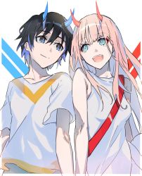Rule 34 | 10s, 1boy, 1girl, black hair, blue eyes, blue horns, breasts, collarbone, commentary request, couple, cow (shadow), darling in the franxx, fangs, green eyes, hetero, highres, hiro (darling in the franxx), horns, long hair, looking at another, medium breasts, oni horns, open mouth, pink hair, red horns, shirt, short hair, short sleeves, sleeveless, sleeveless shirt, white shirt, zero two (darling in the franxx)