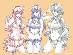 Rule 34 | 3girls, alternate costume, bikini, breasts, byleth (female) (fire emblem), byleth (female) (summer) (fire emblem), byleth (fire emblem), cleavage, closed mouth, corrin (female) (fire emblem), corrin (female) (summer) (fire emblem), corrin (fire emblem), dagger, earthtojaymus, fire emblem, fire emblem: three houses, fire emblem awakening, fire emblem fates, fire emblem heroes, flower, hair flower, hair ornament, hairband, highres, knife, large breasts, long hair, looking at viewer, lucina (fire emblem), medium breasts, multiple girls, nintendo, official alternate costume, open mouth, orange background, pointy ears, sheath, sheathed, simple background, smile, standing, swimsuit, thigh strap, tiara, twitter username, weapon, wreath