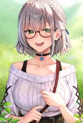 Rule 34 | 1girl, absurdres, black-framed eyewear, black choker, blush, breasts, choker, collarbone, fingernails, glasses, green eyes, highres, hololive, large breasts, looking at viewer, official alternate costume, open mouth, reiji-rj, ribbed sweater, shirogane noel, shirogane noel (casual), short hair, silver hair, smile, solo, sweater, teeth, upper body, virtual youtuber, white sweater