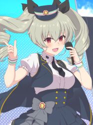 Rule 34 | 1girl, absurdres, ada badguy, anchovy (girls und panzer), anzio (emblem), black necktie, black ribbon, blue hat, blue skirt, blue vest, bow, bow skirt, cabbie hat, commentary, day, dress shirt, drill hair, emblem, frilled shirt, frilled skirt, frills, girls und panzer, girls und panzer senshadou daisakusen!, green hair, grey bow, hair ribbon, hat, high-waist skirt, highres, holding, holding microphone, idol, index finger raised, long hair, looking at viewer, microphone, miniskirt, necktie, official alternate costume, open clothes, open mouth, open vest, outdoors, puffy short sleeves, puffy sleeves, red eyes, ribbon, shirt, short sleeves, skirt, smile, solo, standing, twin drills, twintails, vest, white shirt, wrist cuffs