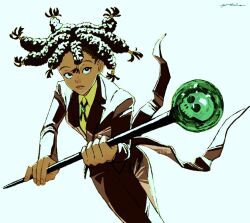 Rule 34 | 1girl, black hair, black pants, black suit, butler, canary (hunter x hunter), cowboy shot, dark-skinned female, dark skin, female butler, formal, hair tie, highres, holding, holding staff, hunter x hunter, kaze no, long hair, long sleeves, looking at viewer, pants, signature, simple background, solo, staff, suit, very dark skin, white background