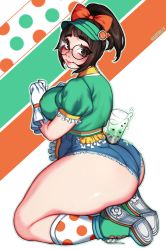 Rule 34 | 1girl, ass, blunt bangs, blush, bow, breasts, brown eyes, brown hair, closed mouth, curvy, denim, denim shorts, full body, glasses, gloves, green background, hair bow, highres, huge ass, legs, lips, looking at viewer, maidfrills, matching hair/eyes, medium breasts, mei (overwatch), orange background, overwatch, overwatch 1, plump, polka dot, polka dot legwear, ponytail, puffy short sleeves, puffy sleeves, seiza, shoes, short shorts, short sleeves, shorts, sitting, sneakers, socks, solo, thick thighs, thighs, visor cap, white background, white gloves