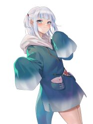 Rule 34 | 1girl, absurdres, animal hood, blue eyes, blue hair, blue hood, blunt bangs, blush, fins, fish tail, gawr gura, gawr gura (1st costume), grey hair, hair ornament, highres, hololive, hololive english, hood, long sleeves, looking at viewer, medium hair, multicolored hair, sena (seti74), shark girl, shark hair ornament, shark hood, shark tail, sidelocks, sleeves past fingers, sleeves past wrists, smile, solo, streaked hair, tail, two side up, virtual youtuber, white background