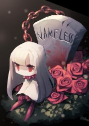 Rule 34 | 1girl, chain, closed mouth, collar, colored skin, english text, eye (okame nin), flower, grass, highres, jitome, long hair, no mouth, okame nin, original, red eyes, red flower, red rose, rose, sitting, solo, spiked collar, spikes, tombstone, white hair, white skin