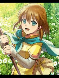 Rule 34 | 1girl, blue eyes, brown hair, fire emblem, fire emblem: path of radiance, flower, hair tubes, highres, kometubu0712, looking at viewer, mist (fire emblem), nintendo, open mouth, scarf, short hair, smile, solo
