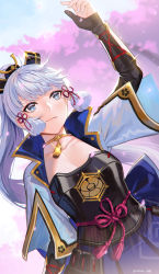 Rule 34 | 1girl, arm up, armor, armored dress, ayaka (genshin impact), black gloves, blue eyes, blue jacket, blunt tresses, blurry, blurry background, breasts, cherry blossoms, cleavage, closed mouth, deras, dou, flower knot, from below, genshin impact, glint, gloves, hair ornament, hair ribbon, highres, jacket, japanese armor, long hair, looking at viewer, mole, mole under eye, neck tassel, partially fingerless gloves, ponytail, ribbon, smile, solo, sparkle, tassel, tress ribbon, twitter username, upper body, wide sleeves