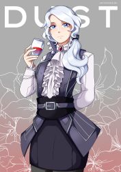 Rule 34 | 1girl, absurdres, arm behind back, artist name, blue eyes, ascot, cup, drinking glass, floral background, grey background, highres, long hair, looking at viewer, mature female, pantyhose, ravenide, rwby, skirt, solo, vest, white hair, willow schnee, wine glass