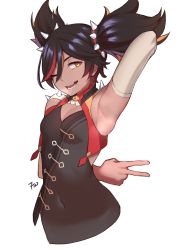 Rule 34 | 1girl, absurdres, arm behind back, arm up, armpits, black hair, breasts, cleavage cutout, clothing cutout, cropped torso, dark-skinned female, dark skin, fangs, frenchvanillu, genshin impact, hair ornament, hairband, highres, looking at viewer, multicolored hair, one eye closed, red hair, short hair, short twintails, signature, simple background, smile, solo, spiked hairband, spikes, streaked hair, teeth, tongue, twintails, upper body, v, white background, xinyan (genshin impact), yellow eyes