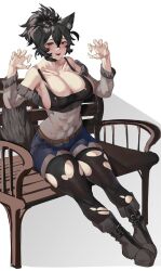 Rule 34 | 1girl, animal ears, black footwear, black hair, blue shorts, boots, borrowed character, breasts, cleavage, collarbone, commentary, crop top, english commentary, fingernails, full body, highres, large breasts, long fingernails, looking at viewer, open mouth, original, red eyes, short hair, shorts, sitting, solo, tail, thighhighs, tomatolover16, torn clothes, torn thighhighs, white background