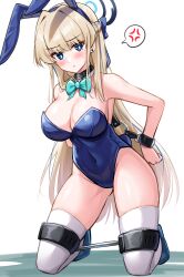 Rule 34 | 1girl, absurdres, anger vein, blonde hair, blue archive, blue eyes, blush, bow, bowtie, breasts, cleavage, covered navel, cuffed, detached collar, earrings, halo, highres, holiday (pangjelly), jewelry, kneeling, large breasts, leotard, long hair, playboy bunny, restrained, spoken anger vein, spreader bar, thighhighs, toki (blue archive), toki (bunny) (blue archive)