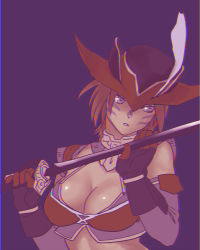 Rule 34 | 1girl, breasts, chromatic aberration, cleavage, dark-skinned female, dark skin, facial mark, final fantasy, final fantasy xi, gloves, hands up, hat, hat feather, holding, holding sword, holding weapon, medium breasts, midriff, mithra (ff11), orange hair, purple background, purple eyes, purple pupils, rapier, red mage (final fantasy), short hair, simple background, solo, sword, upper body, weapon, yuccoshi
