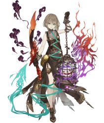 Rule 34 | 1girl, ankle boots, aqua eyes, birdcage, boots, brown hair, cage, chain, dress, full body, gloves, gretel (sinoalice), grin, hansel (sinoalice), ji no, looking at viewer, male focus, official art, reverse grip, shaded face, short hair, side slit, sinoalice, smile, solo, sword, thigh strap, transparent background, weapon