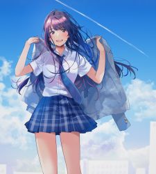 Rule 34 | 1girl, blue necktie, blue skirt, blue sky, blush, building, cloud, contrail, fly (marguerite), grey jacket, hands up, highres, holding, jacket, long hair, long sleeves, looking at viewer, necktie, open mouth, original, outdoors, plaid, plaid skirt, pleated skirt, purple eyes, purple hair, school uniform, shirt, short sleeves, skirt, sky, smile, solo, standing, white shirt