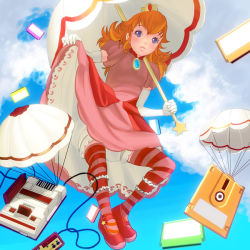 Rule 34 | 1girl, bad id, bad pixiv id, bloomers, controller, crown, dress, elbow gloves, famicom, floppy disk, full body, game console, game controller, gamepad, gloves, kouno (masao), mario (series), mary janes, nintendo, orange hair, parachute, pink dress, pink thighhighs, princess peach, red thighhighs, shoes, solo, striped clothes, striped thighhighs, thighhighs, umbrella, umbrella riding, underwear, upskirt
