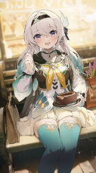 Rule 34 | 1girl, :d, aqua skirt, aqua thighhighs, bag, bird, black capelet, black hairband, black jacket, black ribbon, blue eyes, blurry, blurry background, blush, bridal gauntlets, cake, capelet, commentary, coria, cropped jacket, feet out of frame, firefly (honkai: star rail), food, fork, green thighhighs, grey hair, hair between eyes, hair ribbon, hairband, highres, holding, holding fork, holding plate, honkai: star rail, honkai (series), jacket, long hair, long sleeves, looking at viewer, neckerchief, open mouth, paper bag, pink eyes, plate, pleated skirt, purple eyes, ribbon, shirt, shopping bag, sitting, skirt, smile, solo, sparkle, swiss roll, symbol-only commentary, thighhighs, two-tone eyes, white hair, white shirt, white skirt, yellow neckerchief
