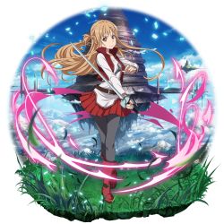 Rule 34 | 1girl, aincrad, asuna (sao), blue sky, boots, brown eyes, closed mouth, cloud, collarbone, faux figurine, floating hair, floating island, full body, grass, grey pantyhose, highres, holding, holding sword, holding weapon, light brown hair, long hair, long sleeves, looking at viewer, miniskirt, official art, pantyhose, pleated skirt, red footwear, red skirt, shirt, skirt, sky, smile, solo, standing, sword, sword art online, sword art online: memory defrag, transparent background, very long hair, weapon, white shirt