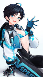 Rule 34 | 1girl, absurdres, ahoge, backpack, bag, bikini, black gloves, black hair, black survival, blue bikini, blue eyes, blue hair, blush, bodysuit, breasts, checkered bikini, checkered clothes, dyed ahoge, earrings, full-length zipper, gloves, highres, jewelry, looking at viewer, multicolored hair, navel, open bodysuit, open clothes, open mouth, parted bangs, short hair, silvia piquet, simple background, sitting, small breasts, smile, solo, stomach, streaked hair, stud earrings, swimsuit, takealook, unzipped, waving, white background, zipper
