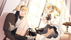 Rule 34 | 2girls, apron, arms up, ass, black dress, black footwear, blonde hair, blvefo9, chair, child, closed eyes, desk, dress, gloves, high heels, highres, indoors, knees up, lamp, long hair, maid, maid apron, maid headdress, mop, multiple girls, open mouth, original, panties, ponytail, puffy short sleeves, puffy sleeves, shoes, short sleeves, sitting, smile, standing, sunlight, thighhighs, underwear, white gloves, white legwear, white panties, window, yellow eyes